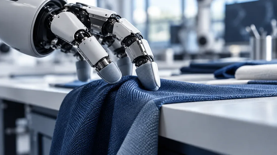 Doigts robotiques génériques en contact avec un tissu bleu clair sur un établi