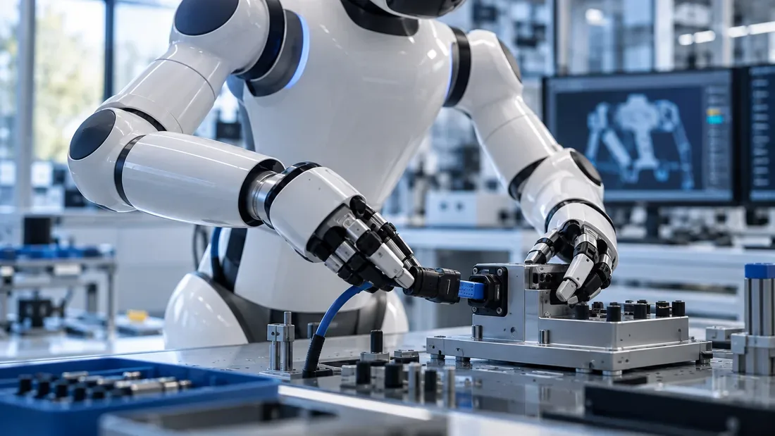 Robot de recherche à deux bras manipulant un connecteur sur un banc de test