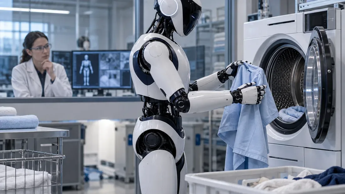 Humanoïde générique tenant un vêtement dans une buanderie de laboratoire