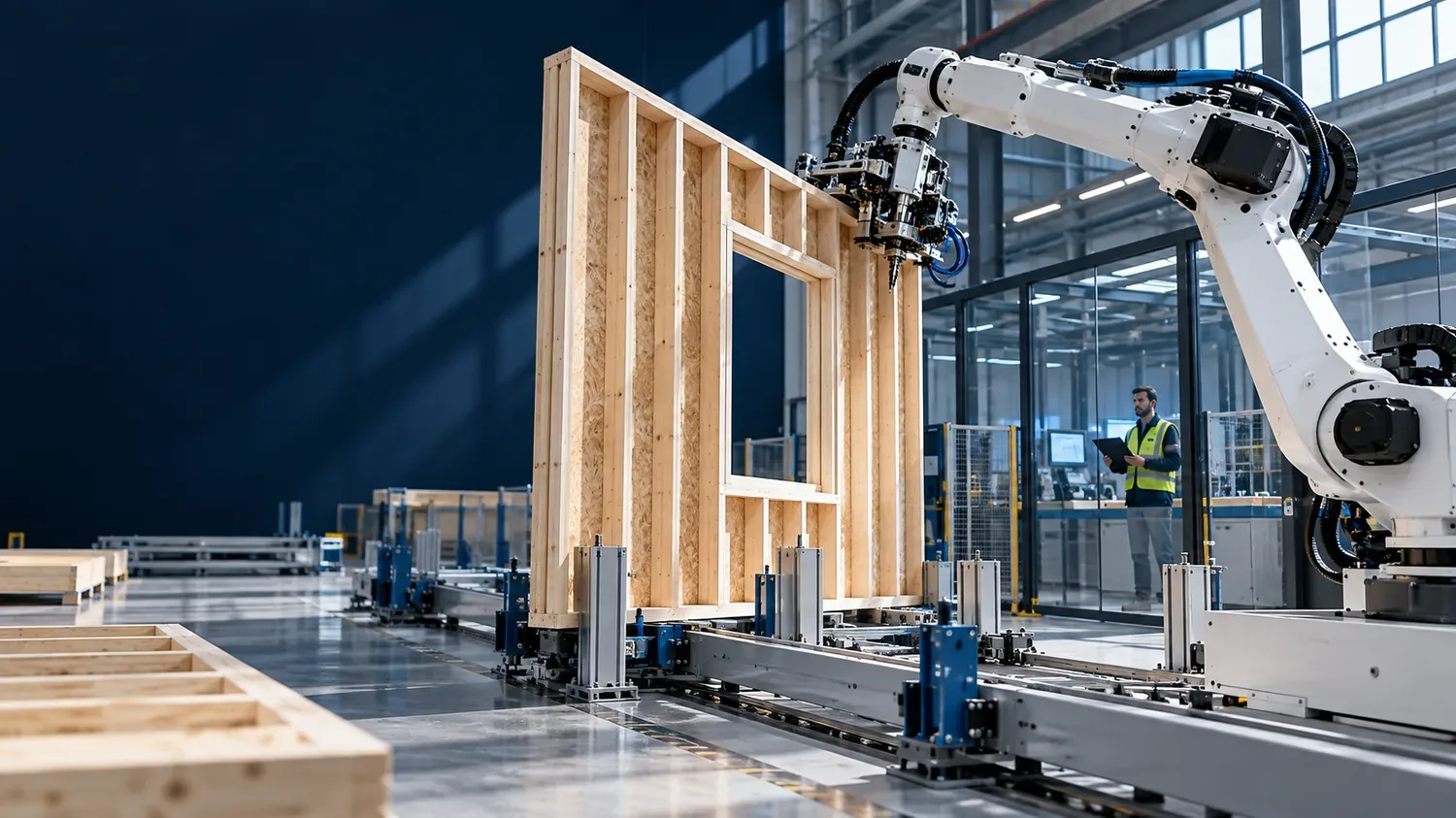 Bras industriel générique assemblant un panneau à ossature bois dans une usine protégée