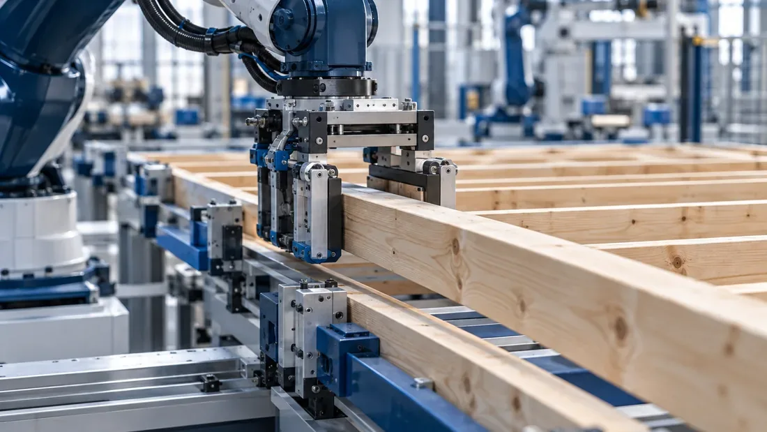 Pince robotisée positionnant une pièce de bois dans un cadre mural sur un gabarit industriel