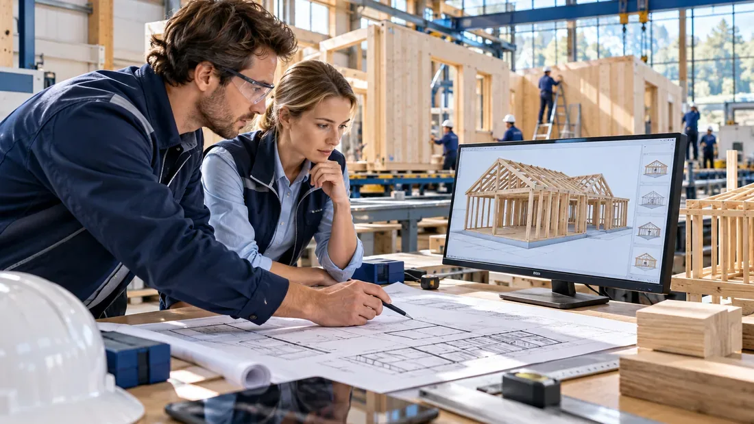 Architecte et ingénieur examinant des plans de maison dans un atelier de préfabrication
