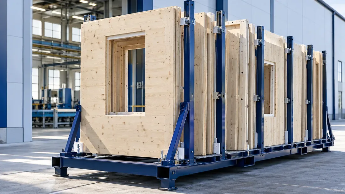 Panneaux à ossature bois stockés verticalement sur un support de transport sécurisé