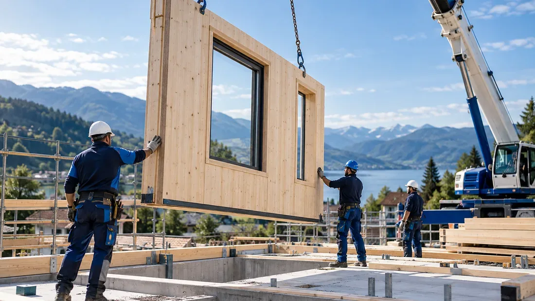 Équipe de chantier accompagnant la pose d’un panneau à ossature bois avec une grue