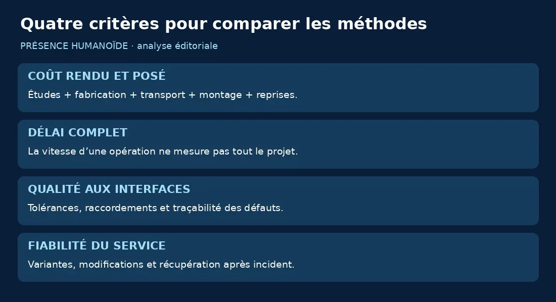 Quatre critères : coût rendu et posé, délai complet, qualité aux interfaces et fiabilité du service
