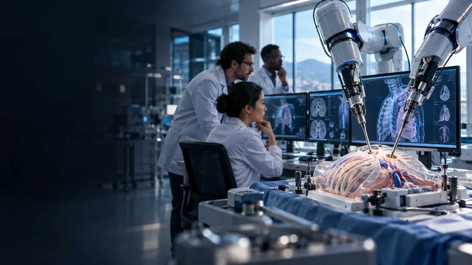 Laboratoire de recherche en robotique chirurgicale avec deux bras articulés et des ingénieurs