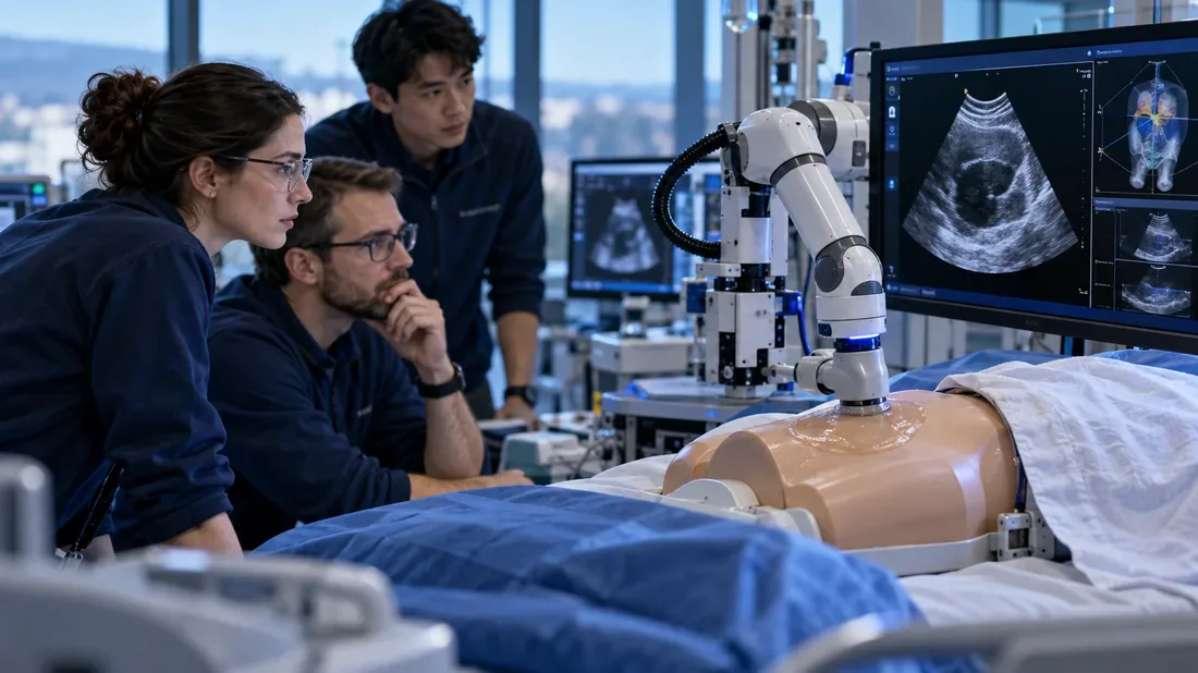 Chercheuse commandant deux bras robotisés sur un modèle de formation