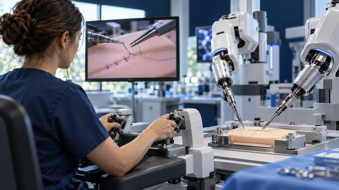 Robot réalisant une échographie sur un mannequin médical de formation