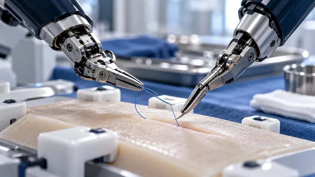 Pinces robotiques manipulant un fil sur un support synthétique