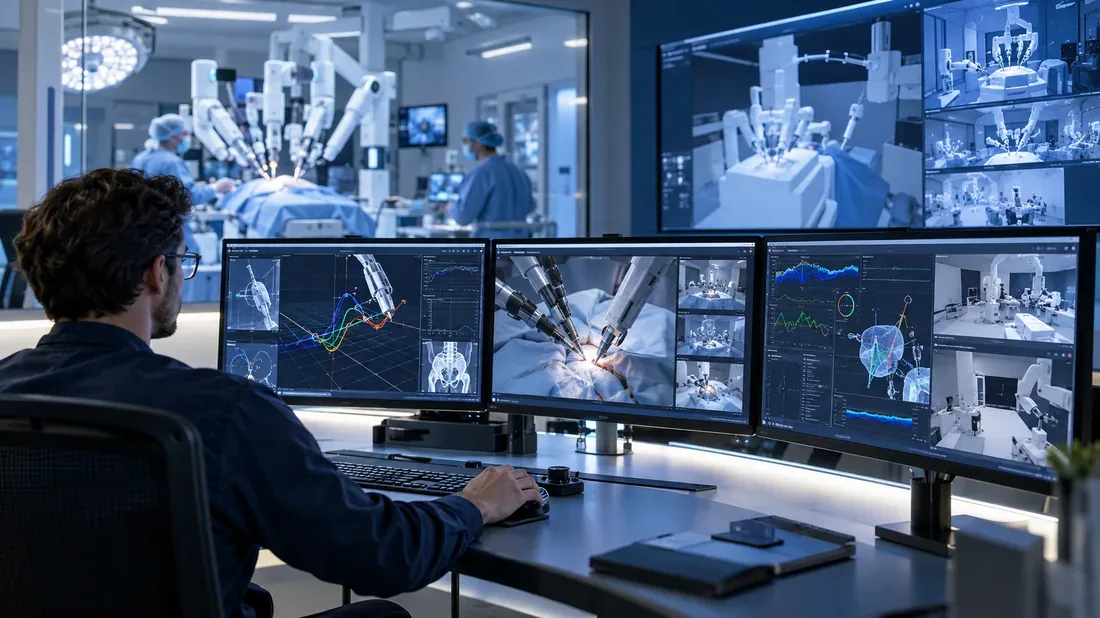 Ingénieur observant la simulation de trajectoires d’un robot médical