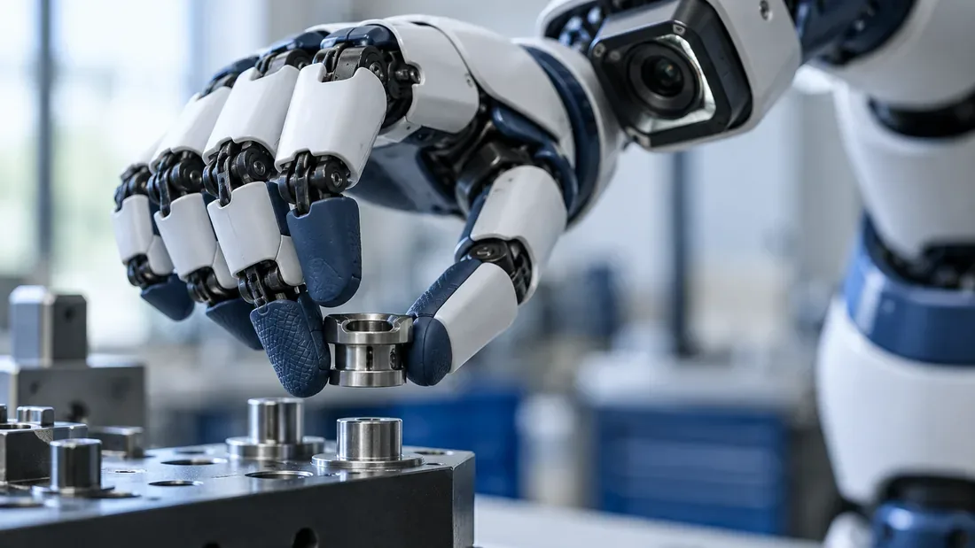 Main robotique tactile générique saisissant une petite pièce industrielle