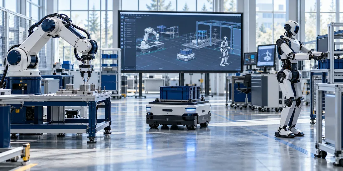 Bras industriel, robot mobile et humanoïde compact dans un laboratoire de validation