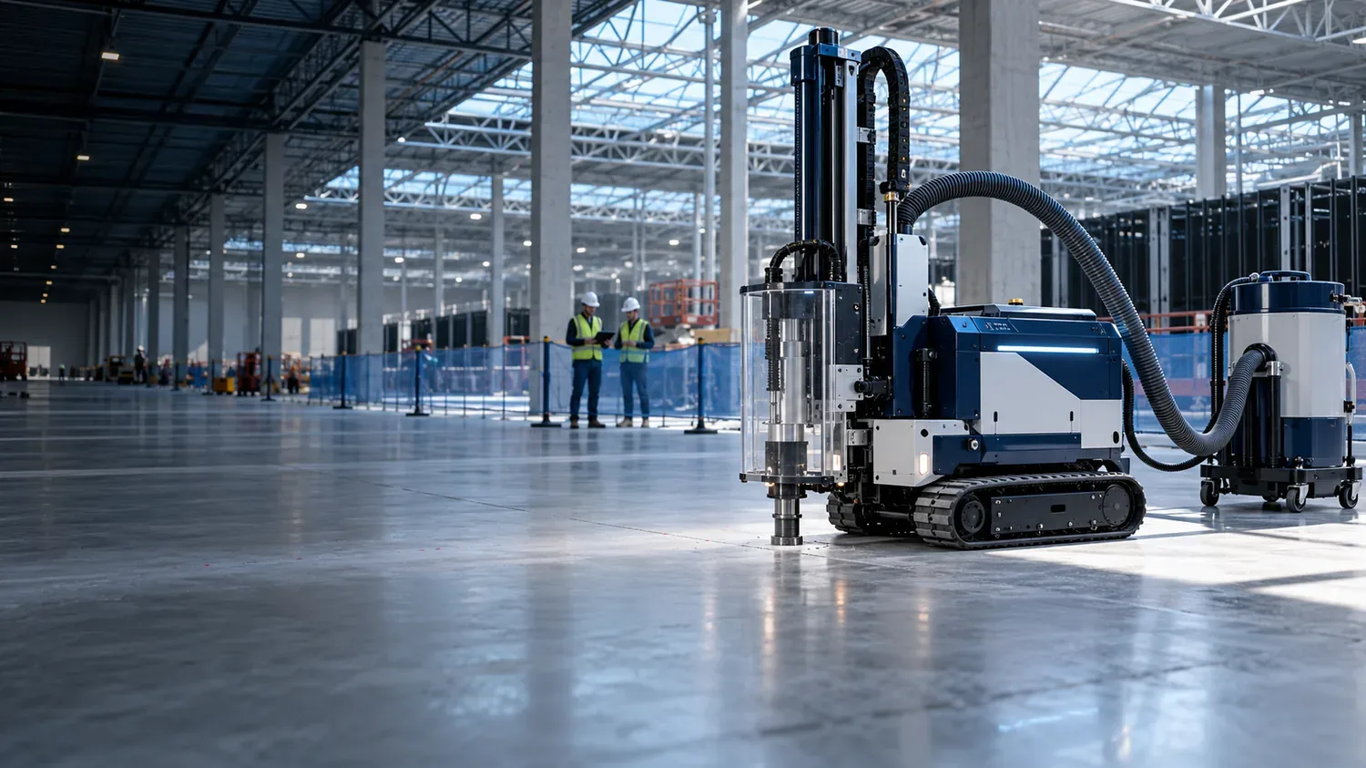Robot de perçage vertical générique sur une dalle dans un bâtiment technique en construction
