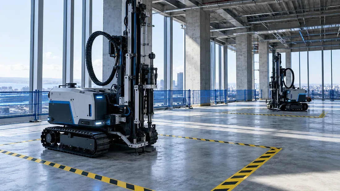 Deux plateformes robotisées génériques espacées dans un bâtiment technique inachevé