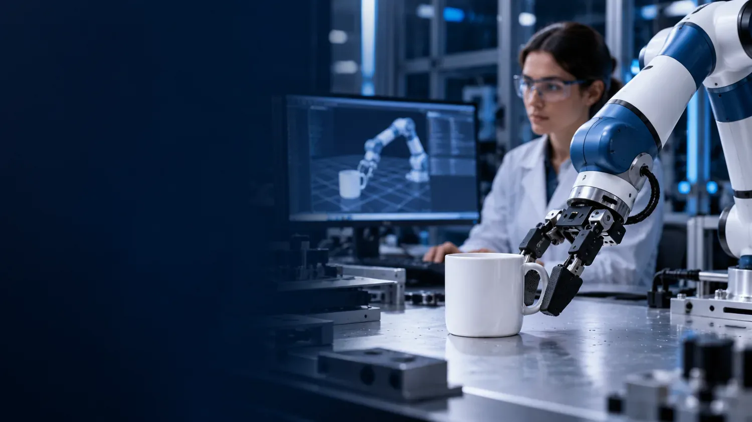 Bras robotique générique près d’une tasse dans un laboratoire avec ingénieur et écran en arrière-plan