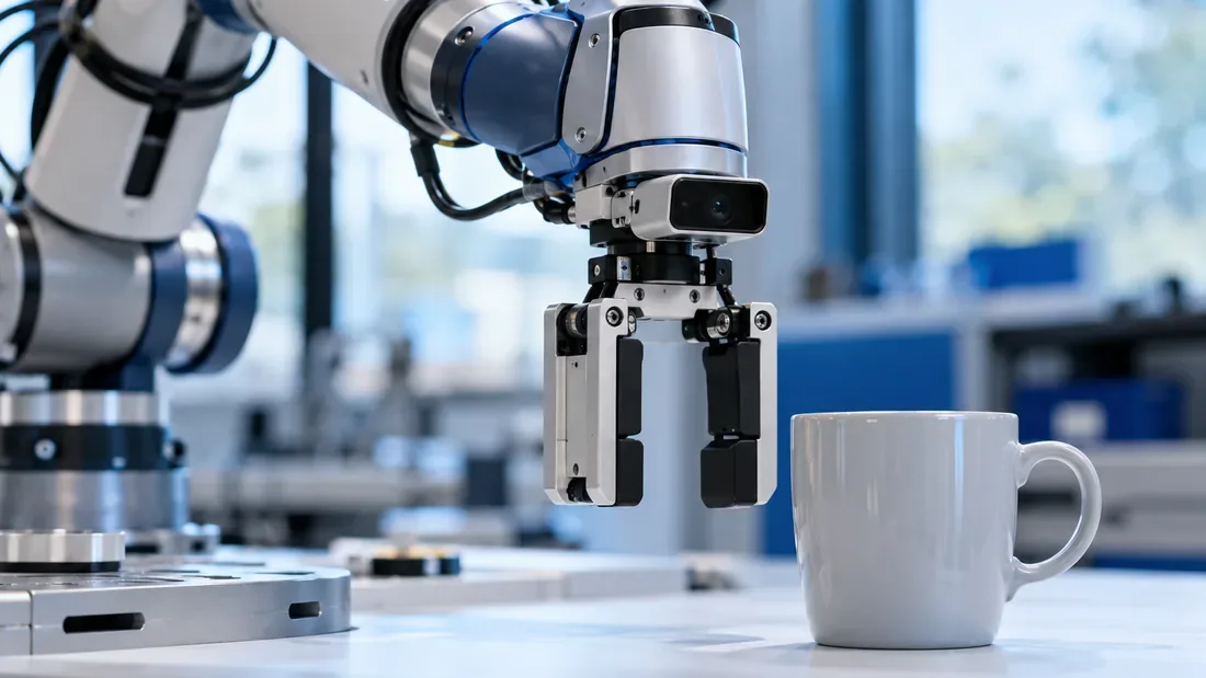 Pince robotique générique et caméra de poignet près d’une tasse sur un établi