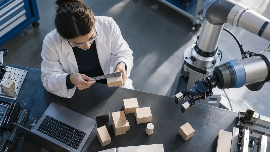 Caméra au-dessus d’un établi contenant des blocs et un bras robotisé à l’arrêt