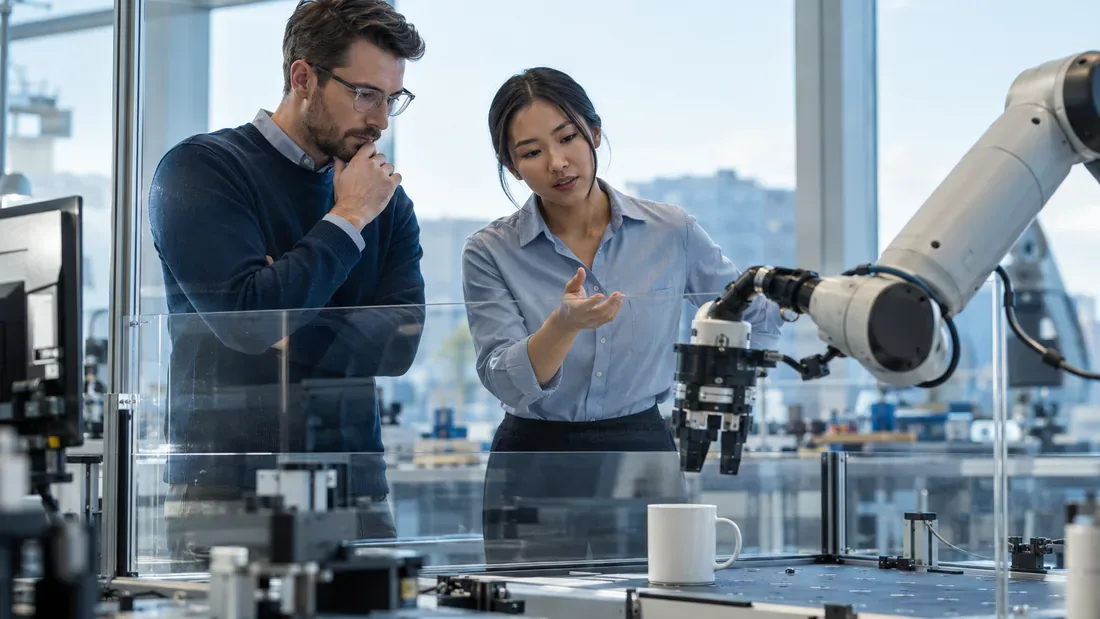 Deux ingénieurs observant un essai de manipulation derrière une séparation transparente