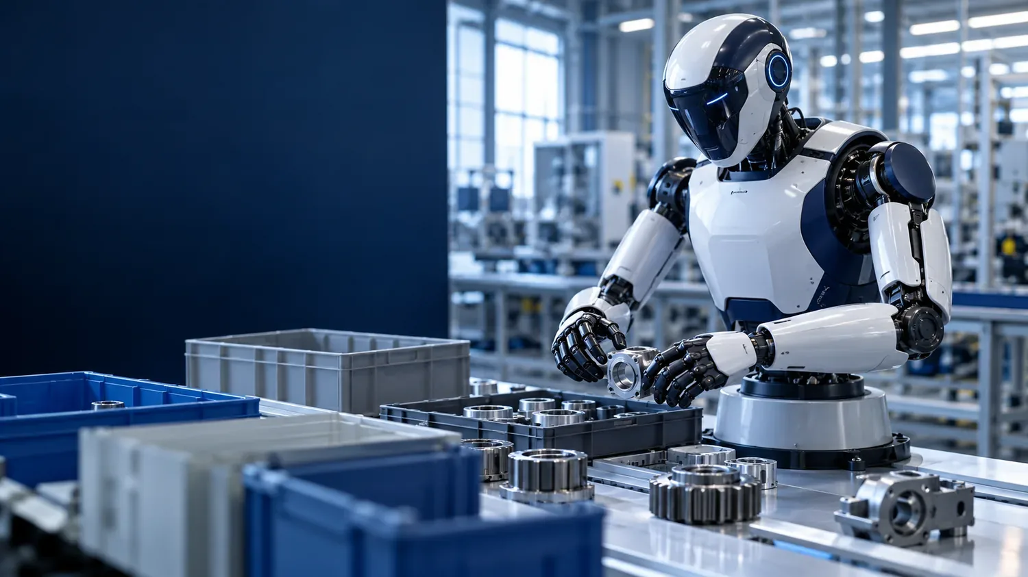 Robot stationnaire générique à deux bras dans un atelier lumineux