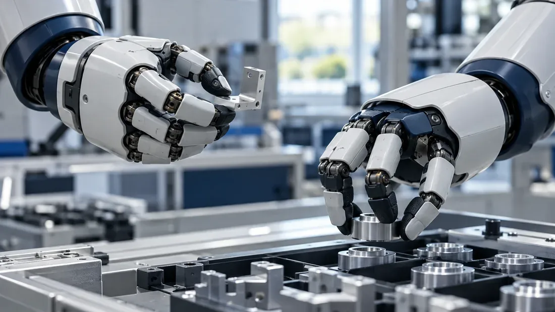 Deux mains robotiques génériques orientant une pièce au-dessus de bacs