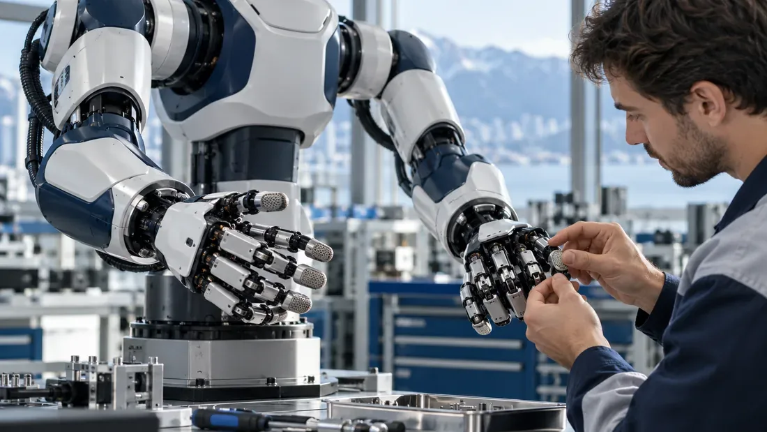 Technicien contrôlant les doigts d’un robot stationnaire hors fonctionnement