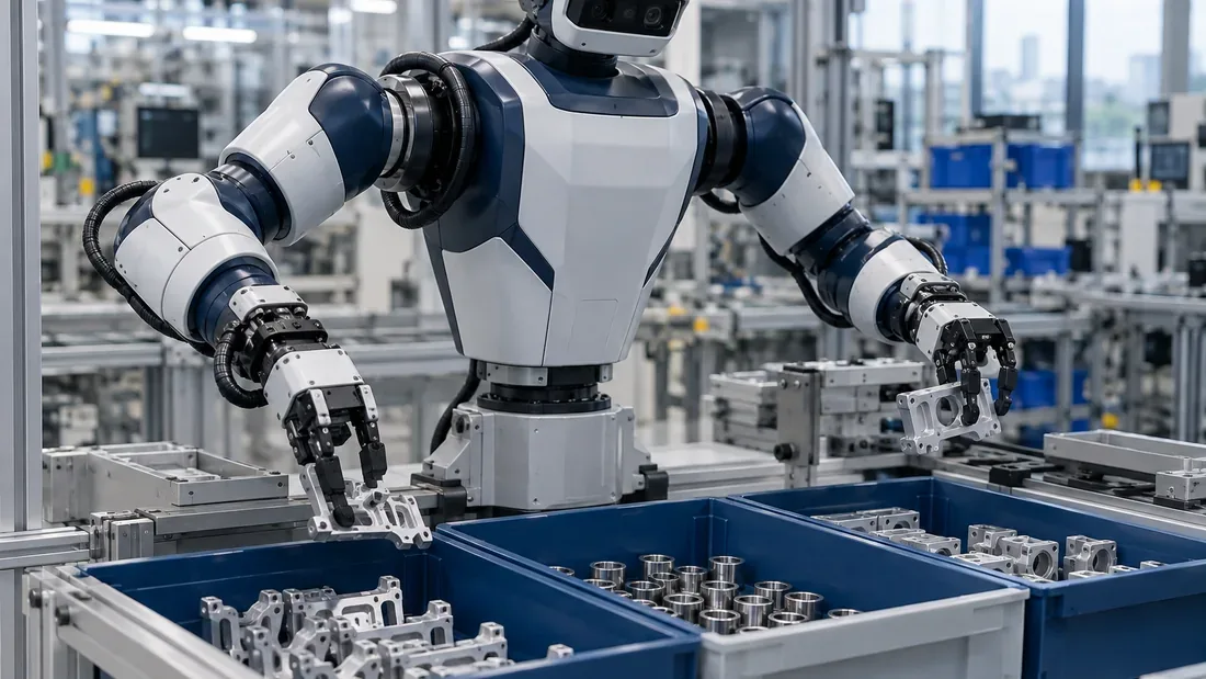 Robot à deux bras préparant un kit dans des contenants séparés