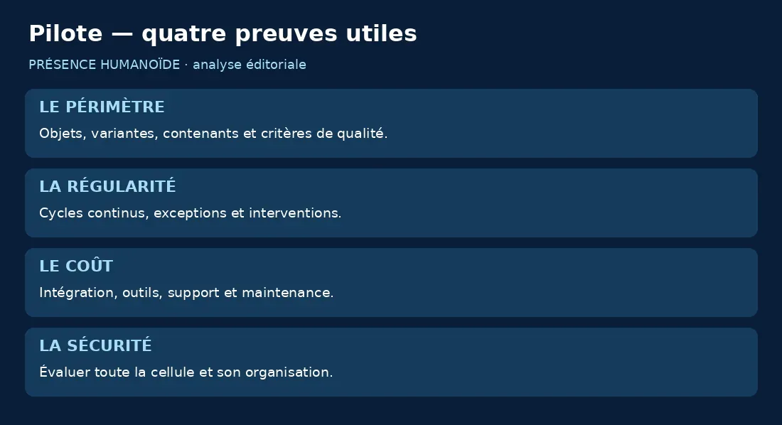 Quatre preuves : périmètre, régularité, coût et sécurité