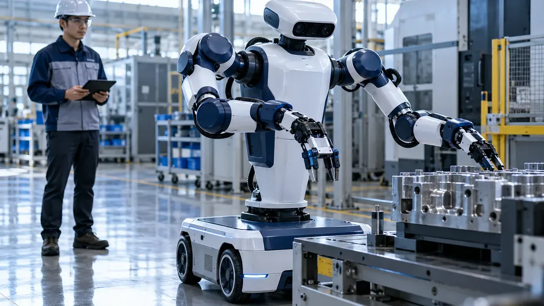 Haut du corps robotique générique sur une base roulante dans un atelier