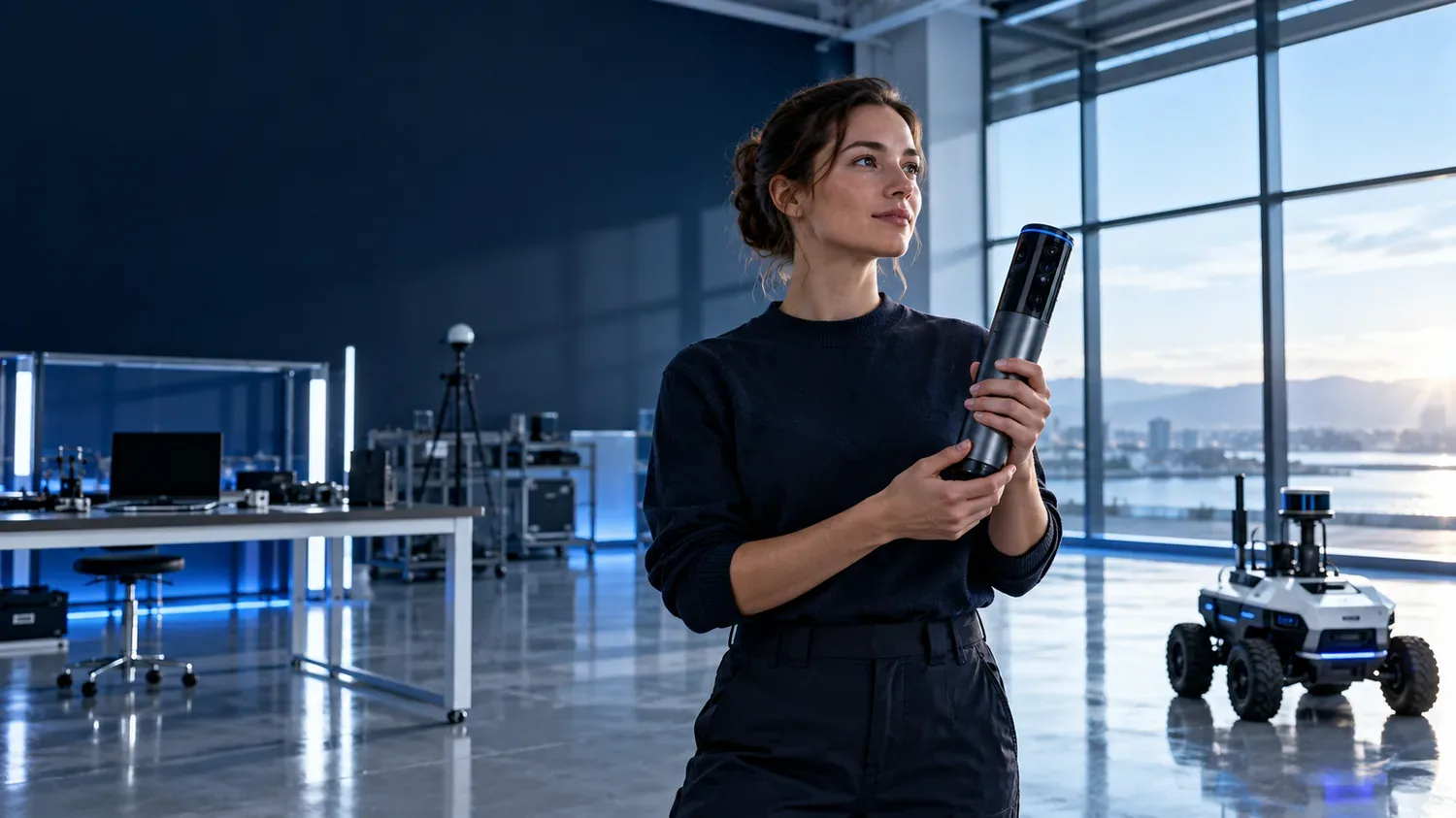 Ingénieur équipé d’une caméra spatiale générique dans une salle de recherche avec un robot mobile