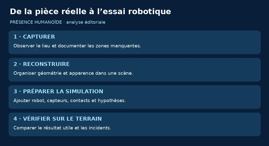 Quatre étapes : capturer, reconstruire, préparer la simulation et vérifier sur le terrain