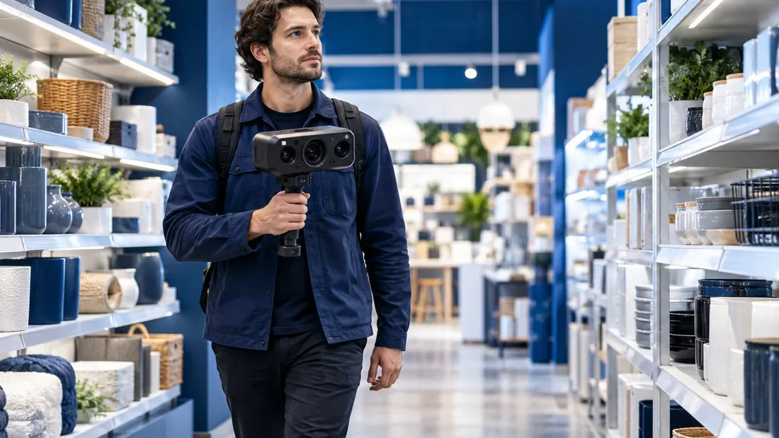 Opérateur parcourant un rayon de magasin avec une caméra spatiale générique