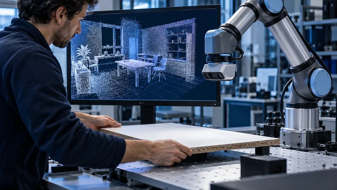 Écran de laboratoire présentant une représentation tridimensionnelle à proximité d’un robot