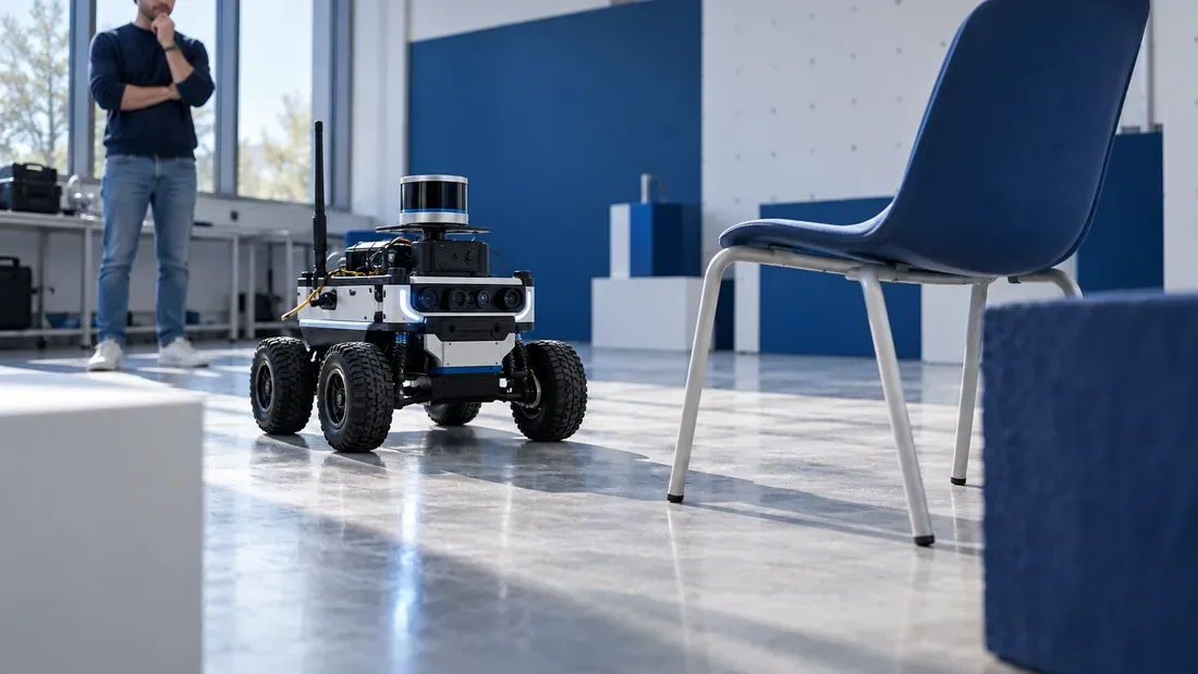 Robot mobile générique approchant une chaise dans une pièce d’essai