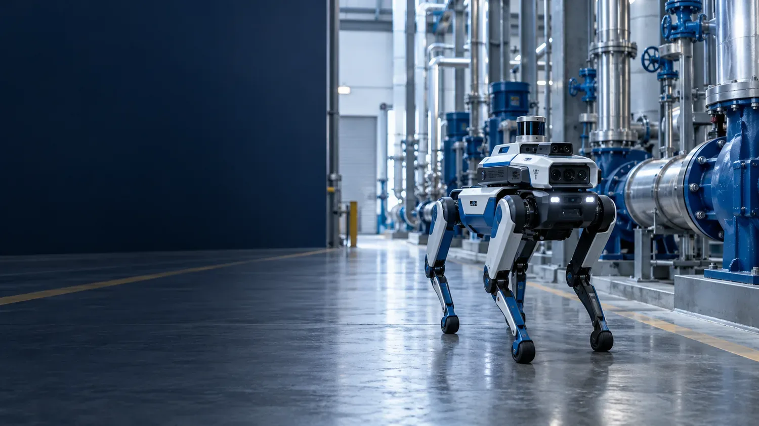 Quadrupède industriel générique dans une allée technique avec pompes et tuyauteries
