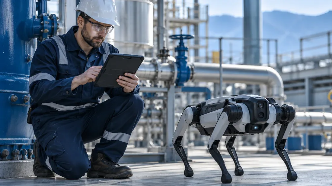 Ingénieur de maintenance examinant des images sur une tablette près d’un quadrupède générique au repos