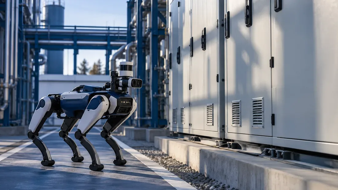 Quadrupède générique observant des armoires électriques fermées depuis un passage marqué