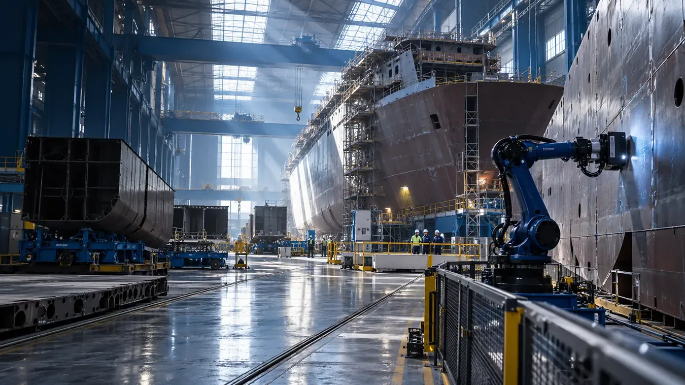 Hall naval civil générique avec sections de coque, bras robotisé et zone de travail protégée