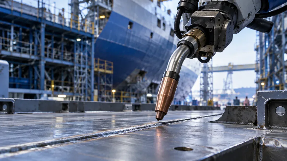 Torche robotisée inactive positionnée près d’un joint de deux pièces en acier