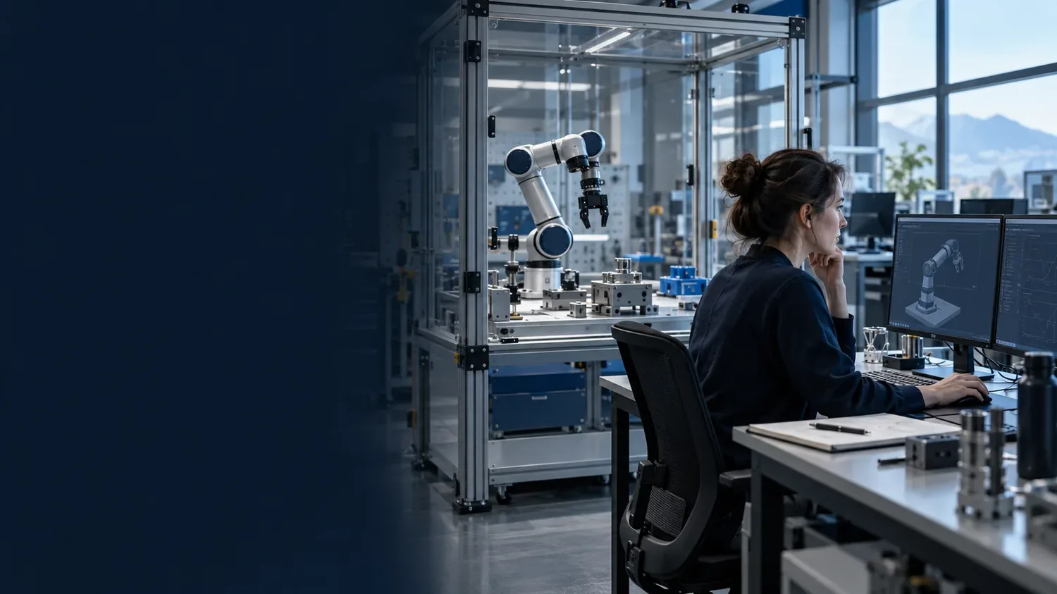 Ingénieur logiciel et bras robotique générique dans un laboratoire lumineux