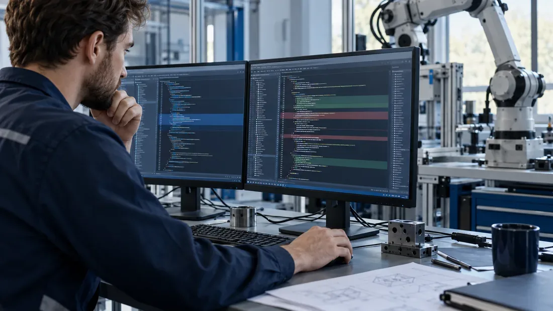 Ingénieur comparant des modules logiciels à côté d’un bras robotique inactif