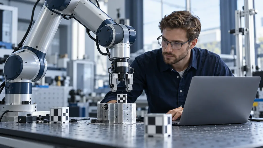 Ingénieur contrôlant le positionnement d’un bras avec des repères de calibration