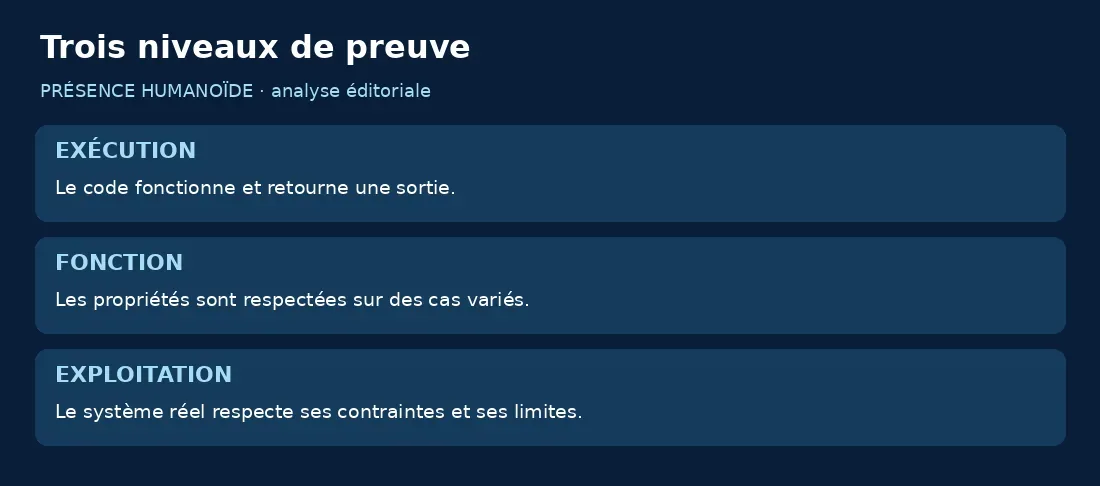 Trois niveaux : exécution du code, fonction vérifiée et exploitation réelle