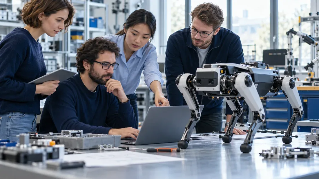 Équipe examinant des résultats de tests dans un atelier robotique lumineux