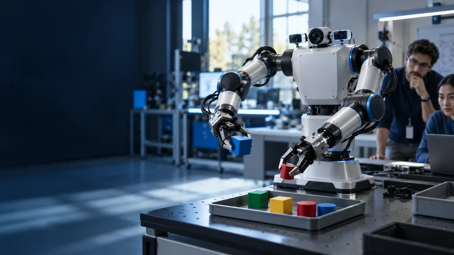 Robot bimanuel générique manipulant des objets dans un laboratoire bleu et blanc