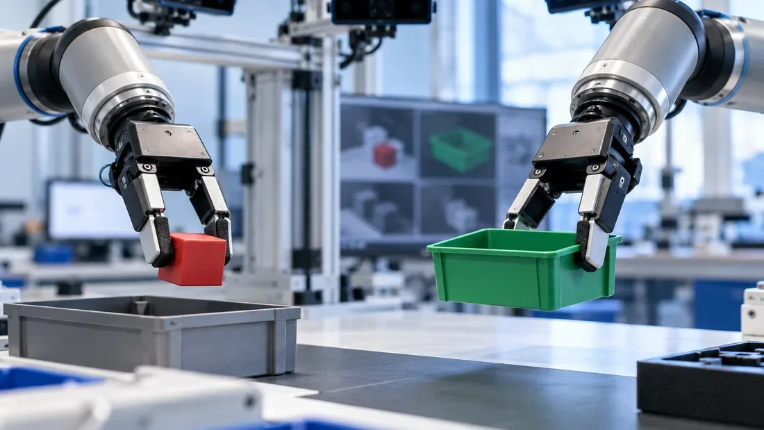 Deux pinces robotiques parallèles trient un cube rouge sur un établi de laboratoire