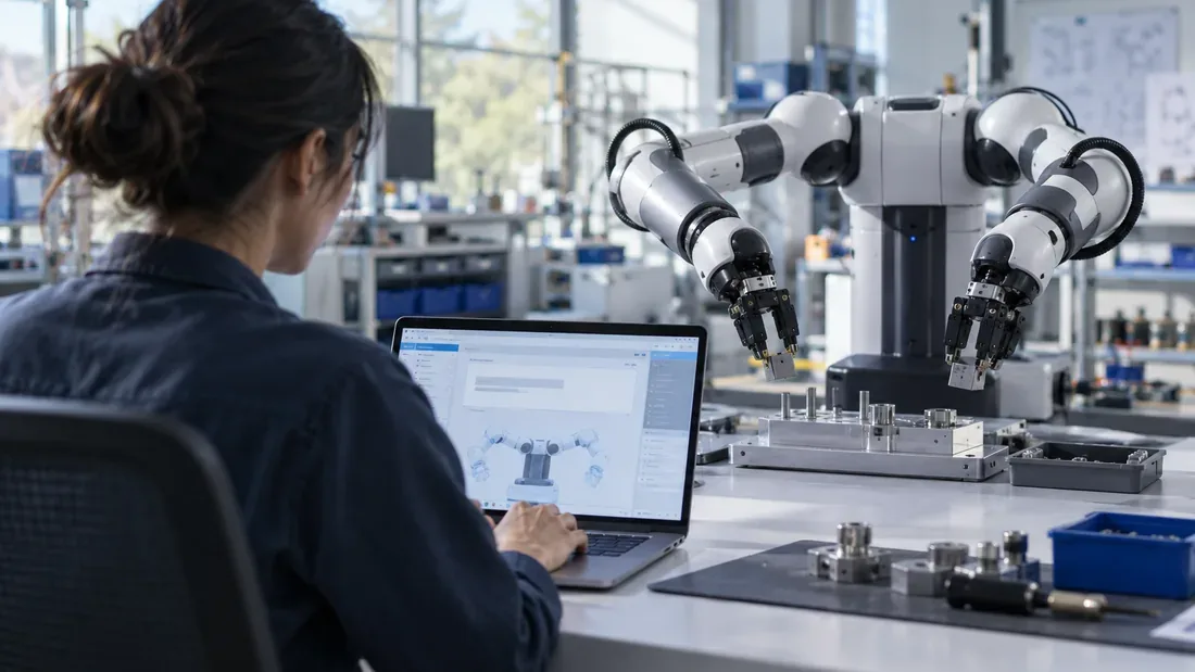 Ingénieure devant un poste de travail observant un robot à deux bras