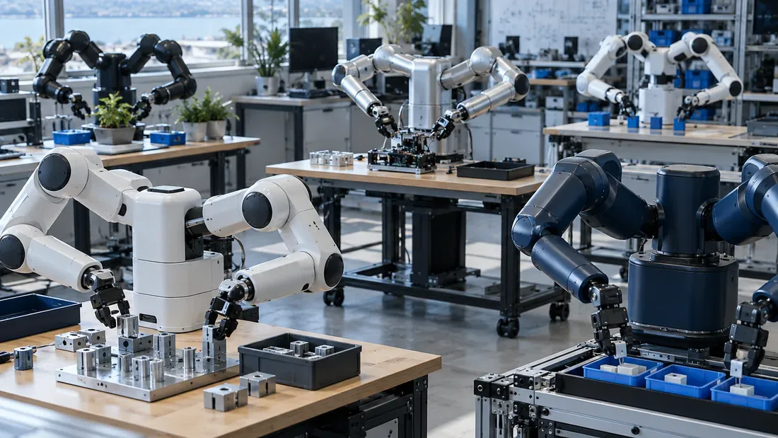 Plusieurs robots de table à deux bras alignés dans un laboratoire clair
