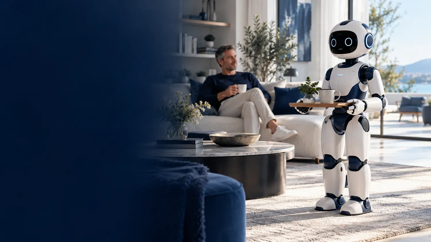 Robot compagnon générique blanc et bleu dans un salon avec une personne en arrière-plan
