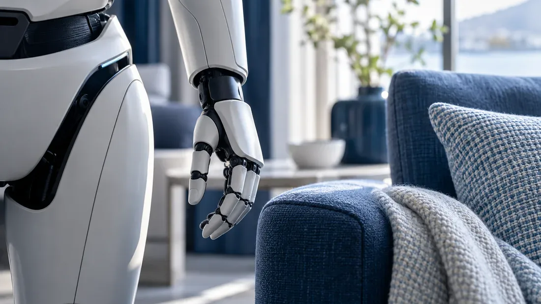 Main et bras articulé d’un robot domestique générique à proximité d’un fauteuil bleu