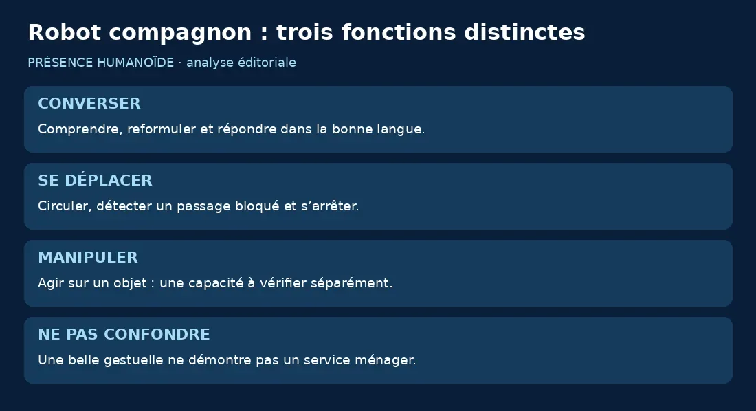 Conversation, déplacement et manipulation sont trois fonctions à évaluer séparément